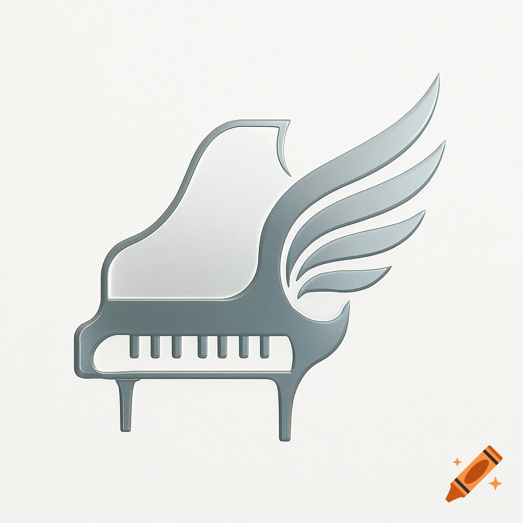 Stylized metallic logo of a grand piano with a large wing, rendered with subtle 3D relief on a white background.
