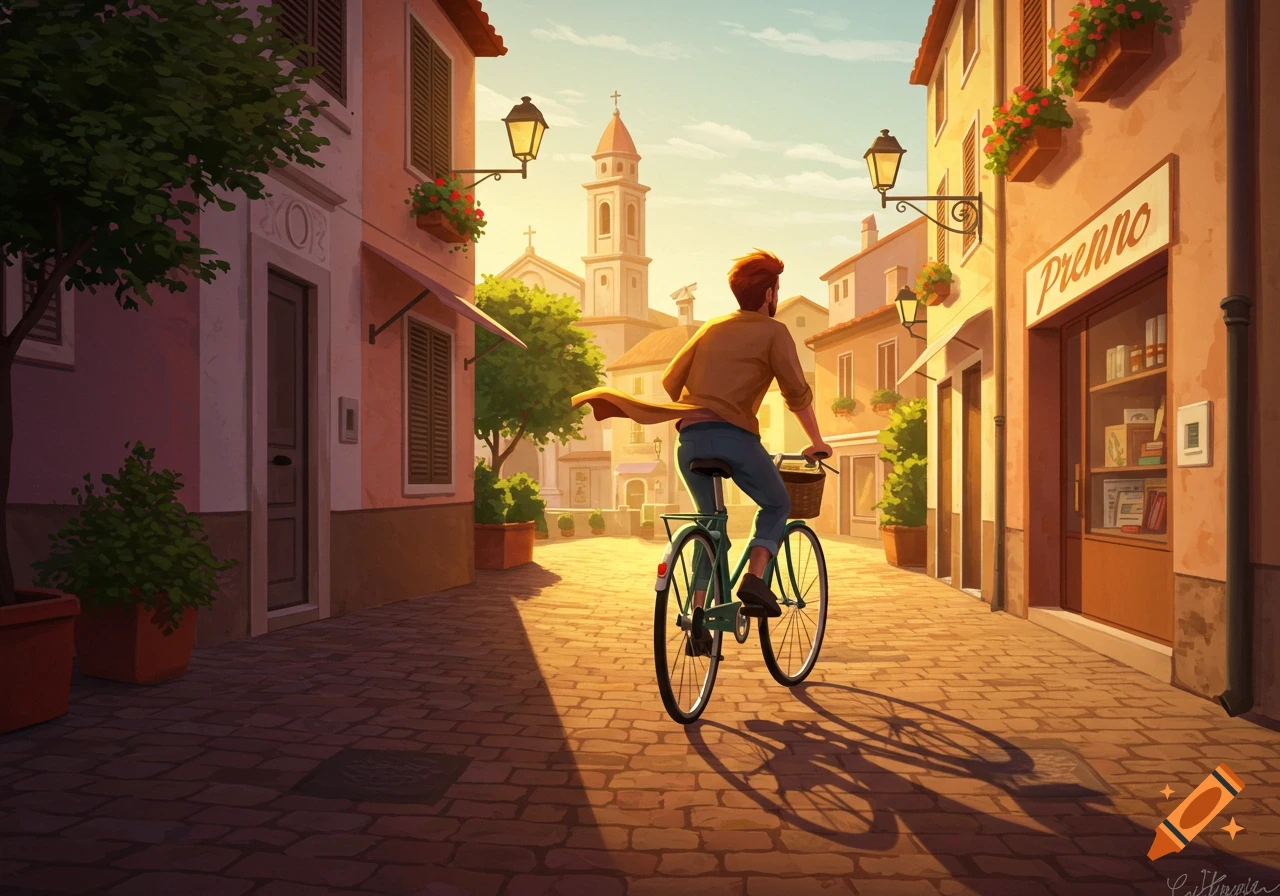 Digital painting of a man riding a bicycle down a sunny European cobblestone street towards a distant church.