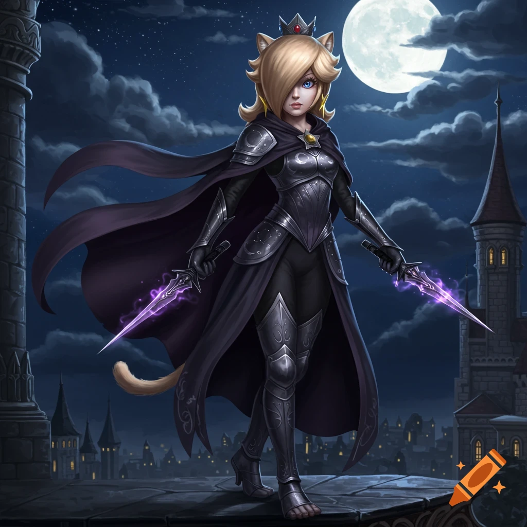 Princess Rosalina as an assassin in dark armor and cape, holding glowing daggers on a castle rooftop at night.