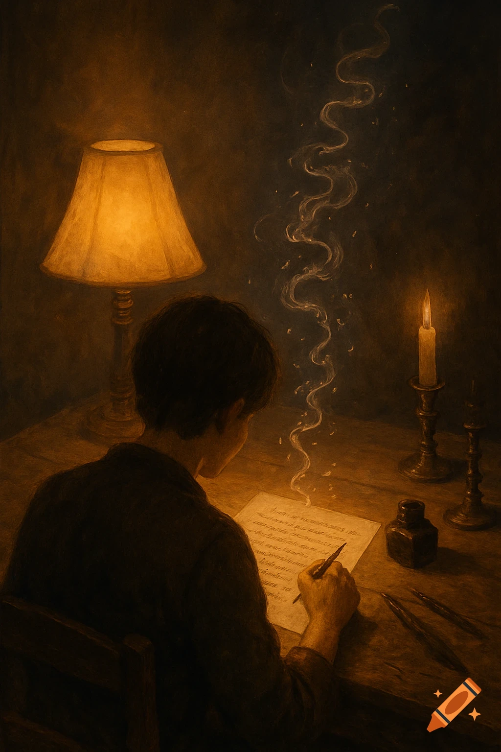 A painterly image of a person writing a letter at a desk, lit by a lamp and candle, with mystical smoke rising from the paper.