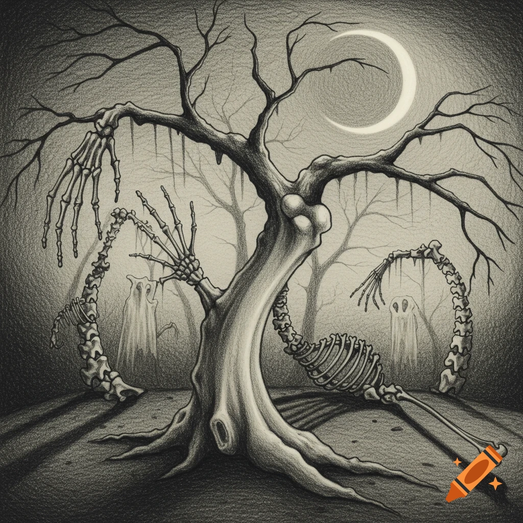 A gothic pencil drawing of a skeletal tree with ghostly figures and a crescent moon in a dark forest.