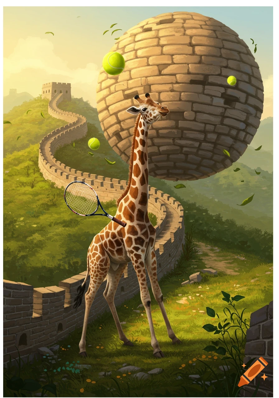 A surreal illustration of a giraffe on the Great Wall of China with a tennis racket, looking at a giant spherical brick 'ball' and floating tennis balls.