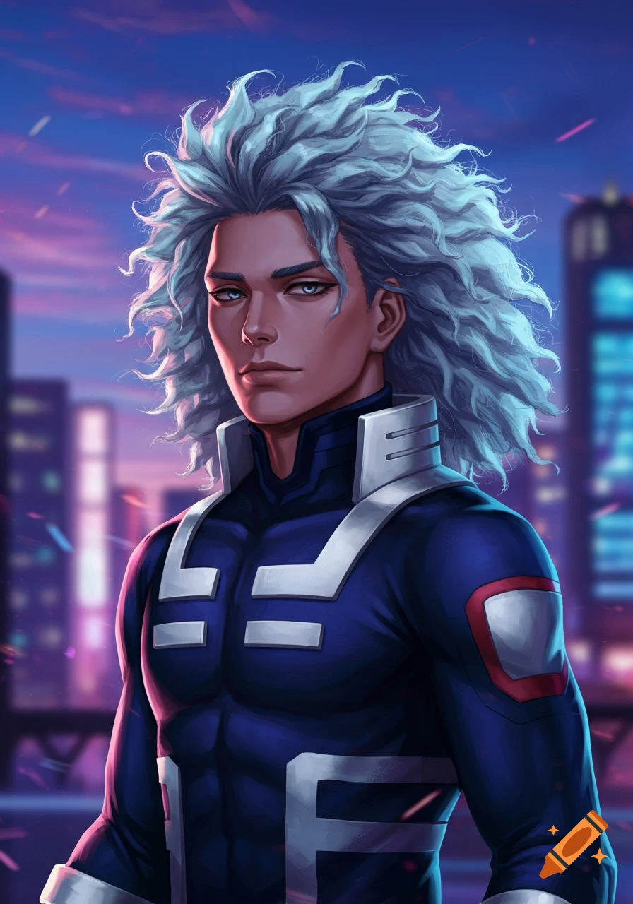 A handsome anime-style character with silver curly hair in a dark blue superhero uniform stands against a glowing cityscape at night.