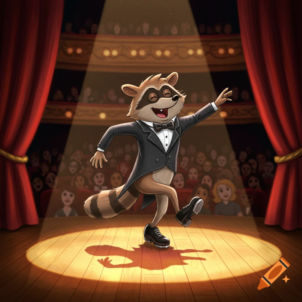A cartoon raccoon in a tuxedo and tap shoes dances with a smile on a spotlighted stage in front of an audience.
