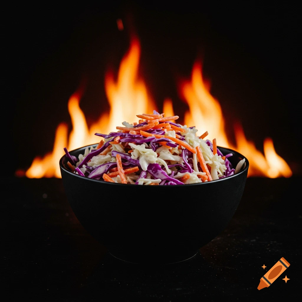 A photorealistic image of a bowl of colorful coleslaw with a black background and flames behind it.
