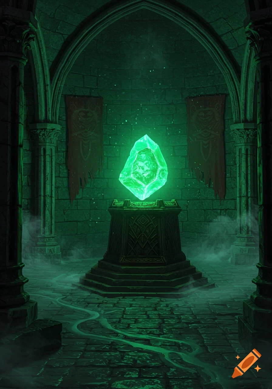 A glowing green crystal on a pedestal in a dark, misty stone vault with arched ceilings and tattered banners.