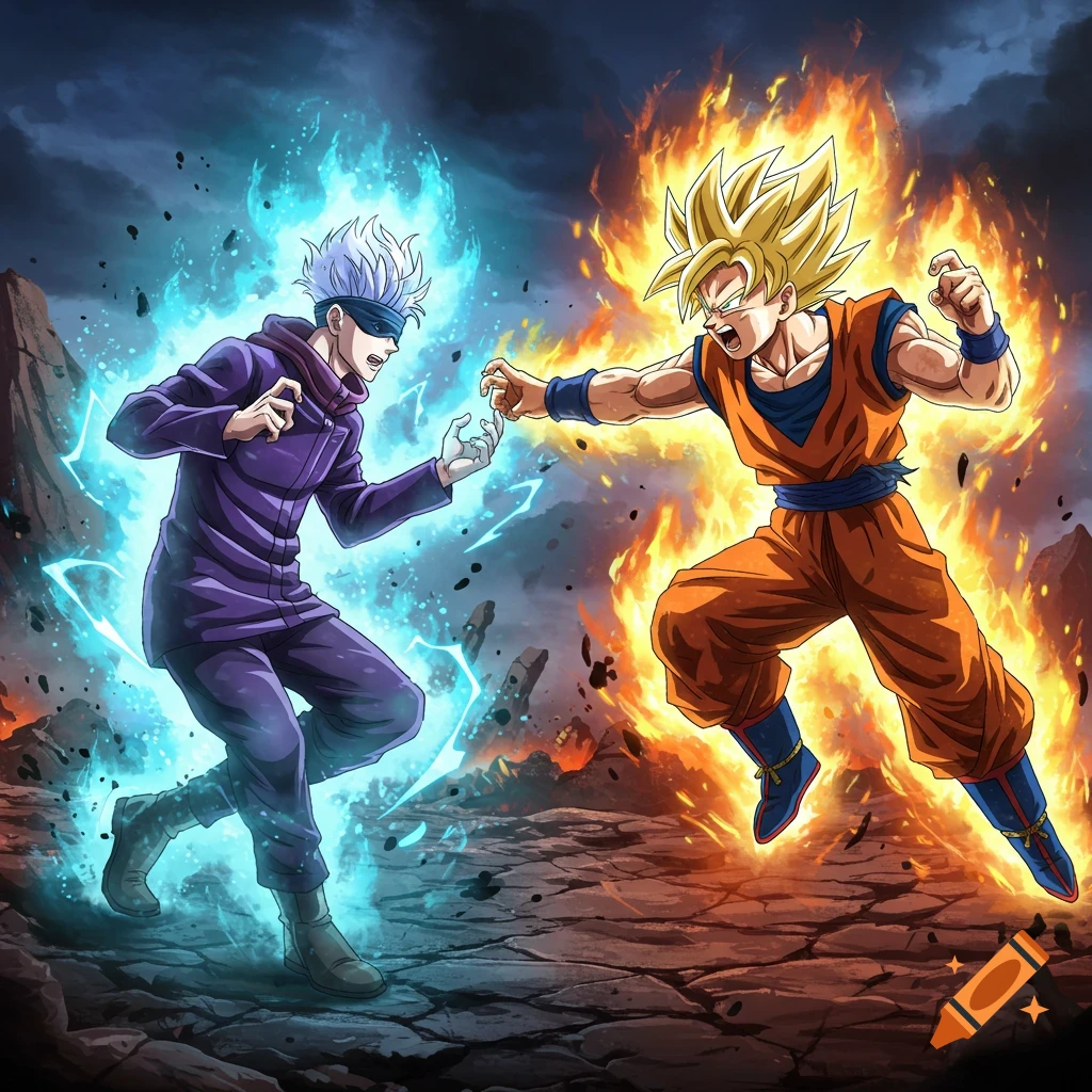 Gojo from JJK and Super Saiyan Goku in a dynamic anime battle, surrounded by blue and orange energy.