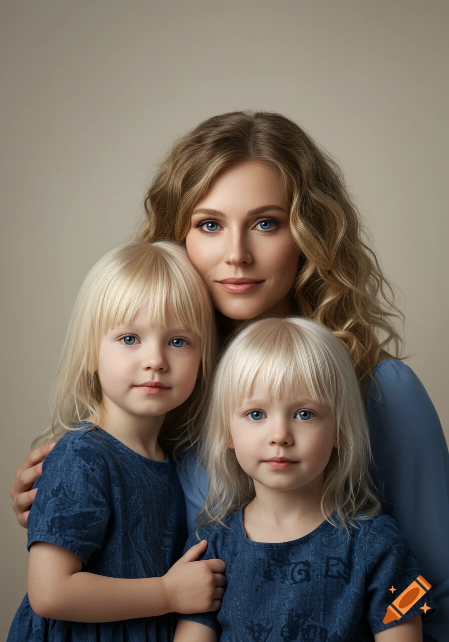 Photorealistic family portrait of a mother with wavy dark blonde hair and blue eyes, embracing her two young blonde twin daughters in blue dresses.