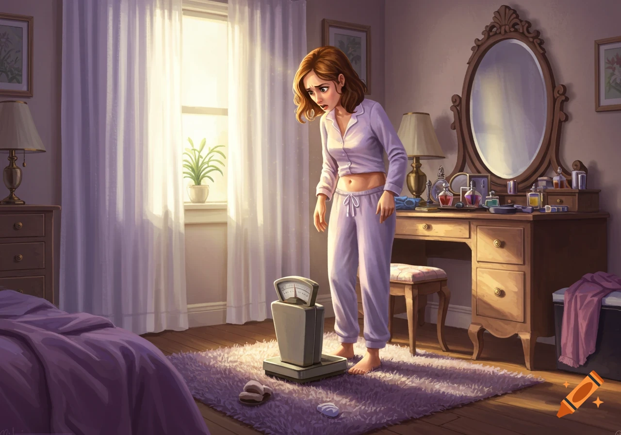 A woman in pajamas looks distressed at a weighing scale in a sunlit bedroom. Digital illustration.