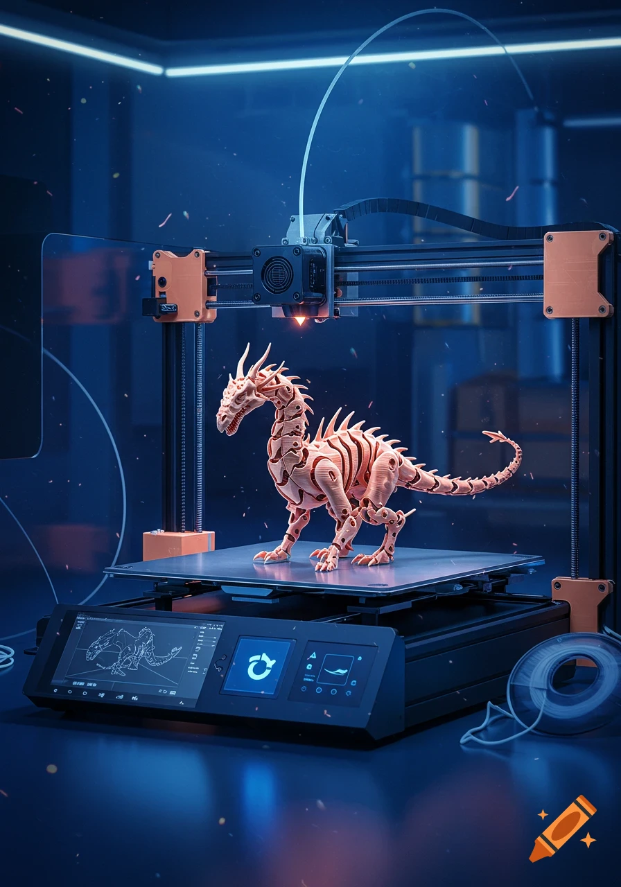 A 3D printer meticulously fabricating a detailed, articulated dragon model with a glowing nozzle in a futuristic, blue-lit room.