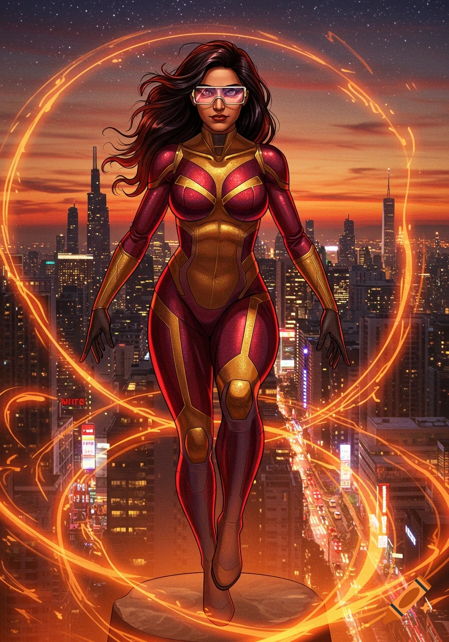 South Asian female superhero in a red and gold suit with futuristic glasses stands over a glowing city at sunset, surrounded by orange rings.