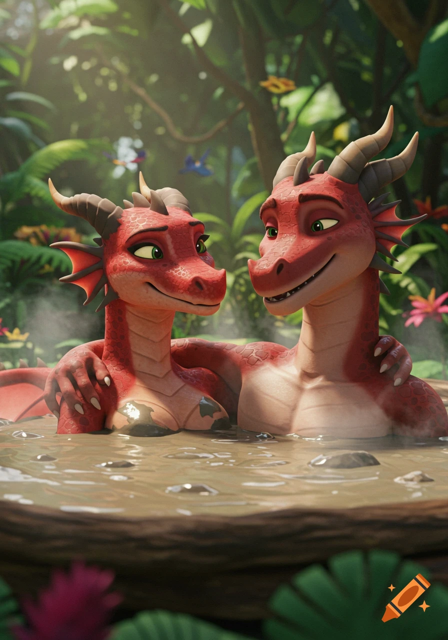 Two happy red anthropomorphic dragons relax in a mud hot tub amidst a lush jungle, in a 3D animation style.