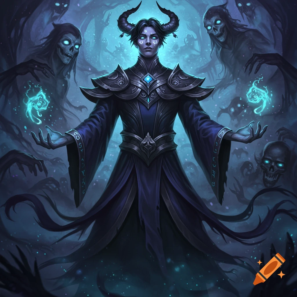A horned necromancer god with glowing eyes and markings, surrounded by ethereal spirits and skulls, conjuring magic in a dark setting.