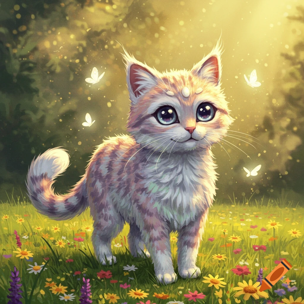 A cute, stylized cat with big eyes stands in a vibrant flower field with glowing butterflies in a sunny, dappled forest.