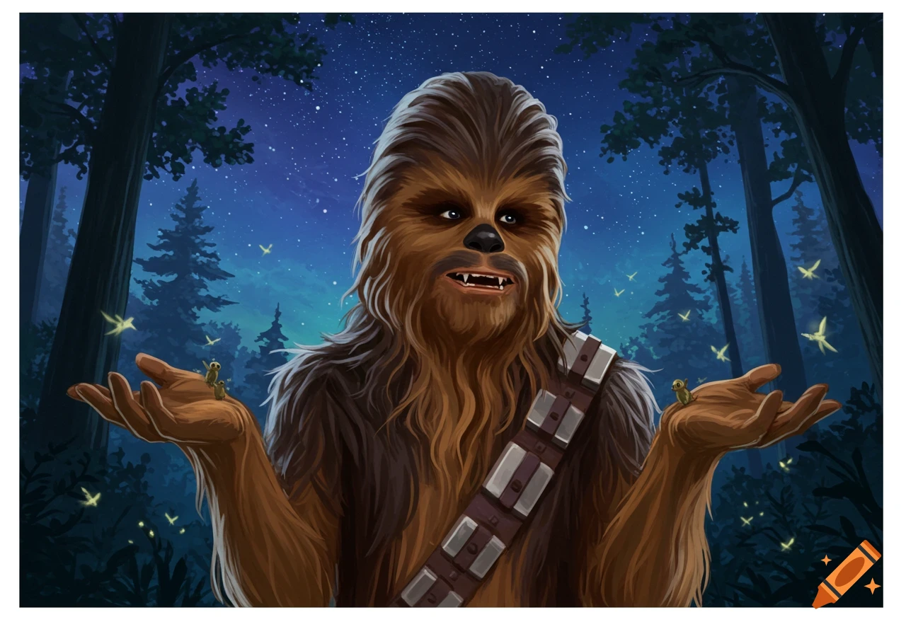 Illustration of Chewbacca gesturing with open hands, holding small creatures in a starry night forest with fireflies.