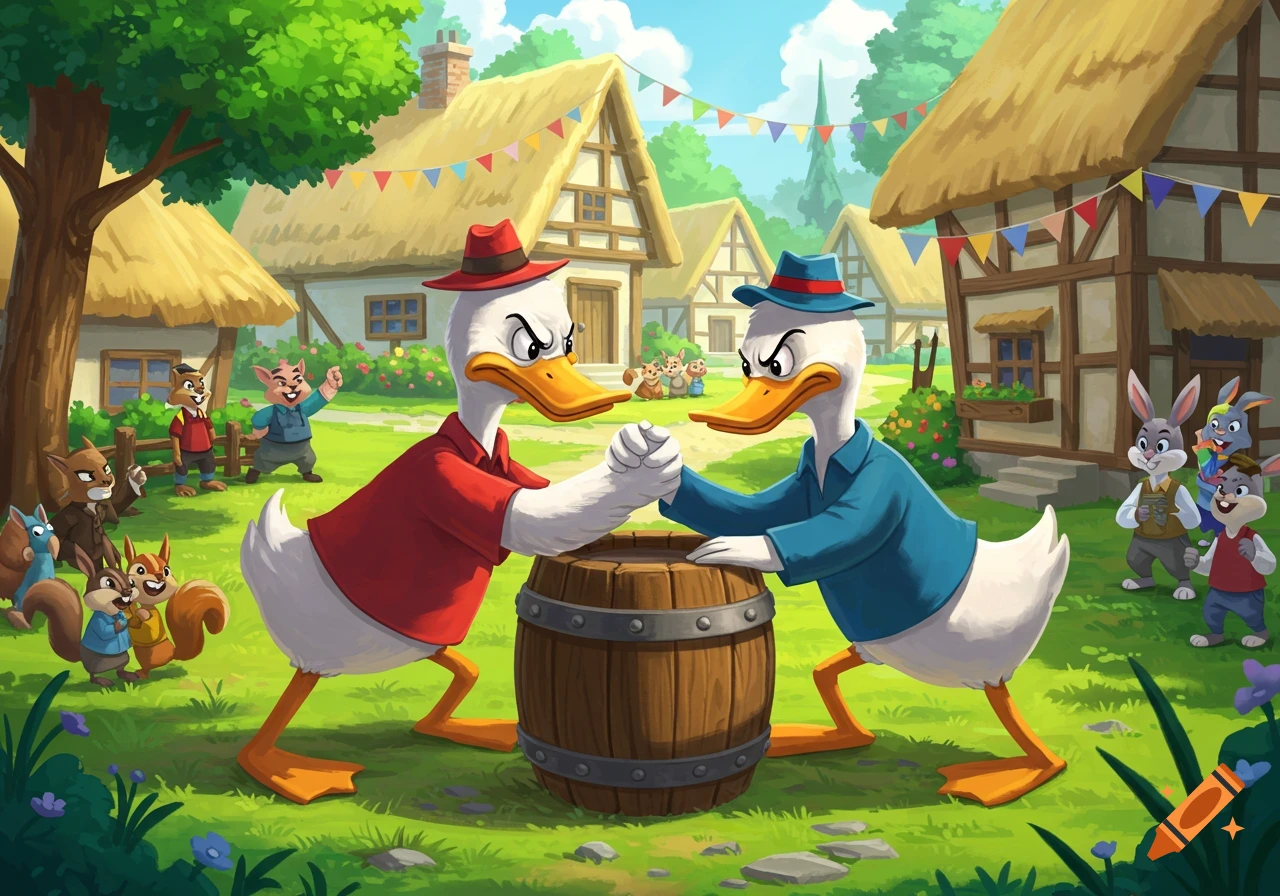 Two cartoon ducks arm wrestle on a barrel in a cheerful village setting, watched by other cartoon animals.
