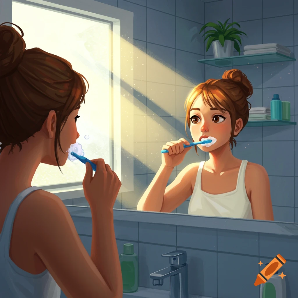 Illustrated woman brushing her teeth in a sunny bathroom, looking at her reflection in the mirror.