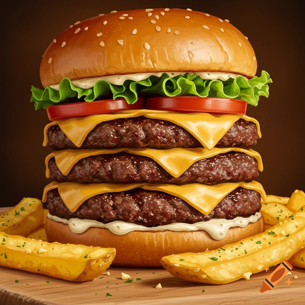 A large triple-stacked cheeseburger with lettuce, tomato, cheese, and three beef patties on a sesame seed bun, served with fries on a wooden board.