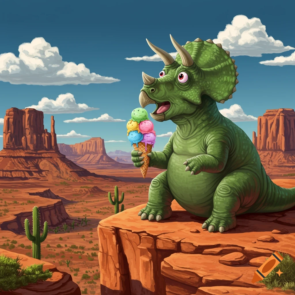 A green cartoon triceratops sits on a desert cliff, happily eating a multi-scoop ice cream cone in a Western landscape.