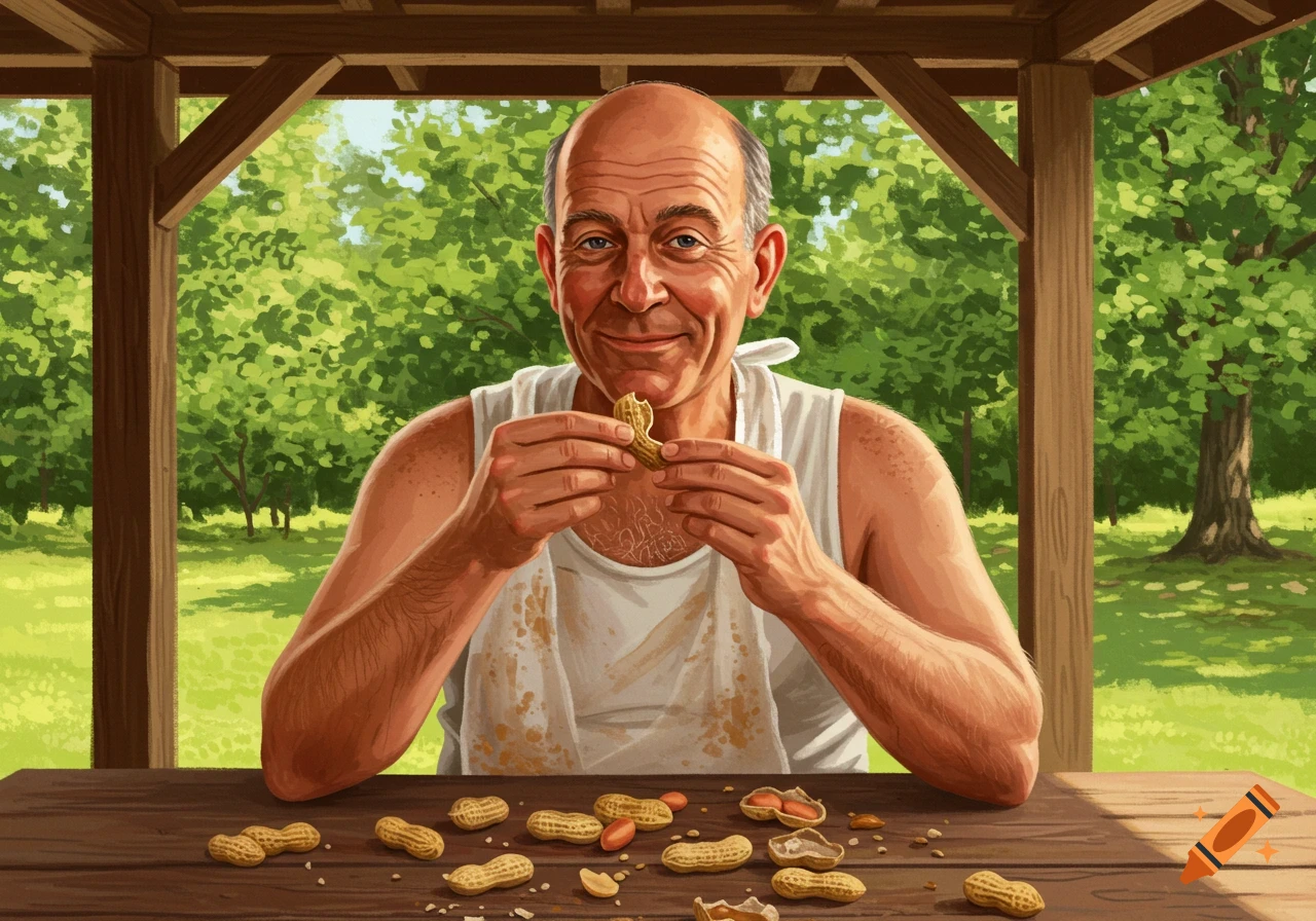 A smiling, balding man in a white tank top sits under a wooden gazebo, shelling and eating peanuts at a table outdoors.