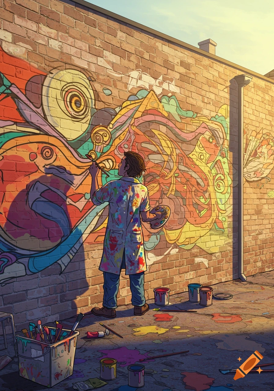 An artist in a paint-splattered lab coat paints a vibrant, abstract mural on a brick wall during golden hour in a cartoon style.