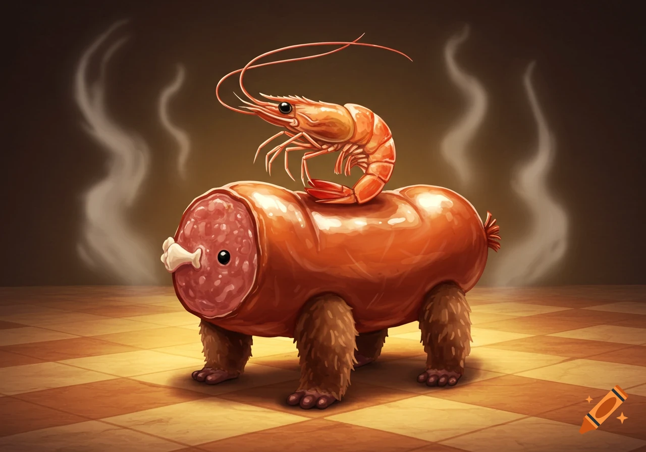 A cartoon shrimp-headed, sausage-bodied creature with furry legs stands on a tiled floor, with steam in the background.