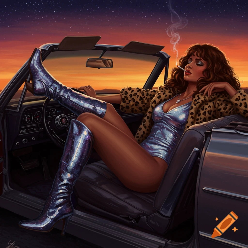 Illustrated woman in a silver swimsuit, cheetah print coat, and iridescent boots lounges in a convertible at sunset.