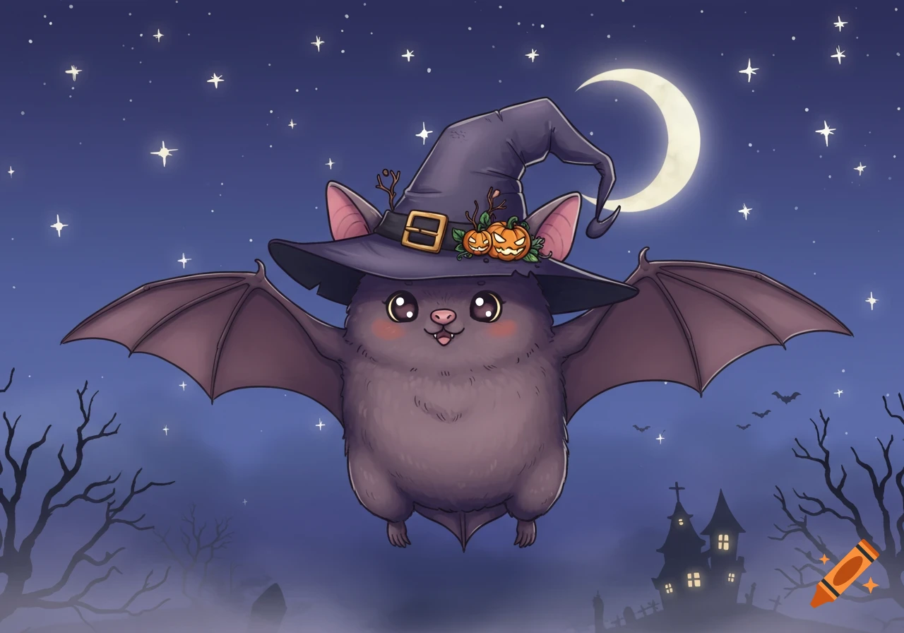 A cute cartoon bat wearing a witch hat with pumpkins flies under a crescent moon and stars over a spooky castle.