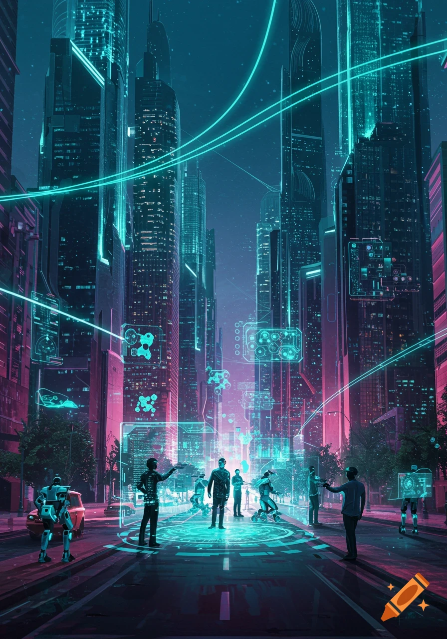 A vibrant cyberpunk cityscape at night with towering neon-lit skyscrapers, holographic data streams, people, and robots interacting with glowing interfaces on the street.