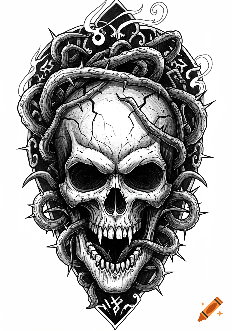 Black and white sketch of a cracked skull with sharp teeth, entangled in thorny vines, against a dark ornate background.