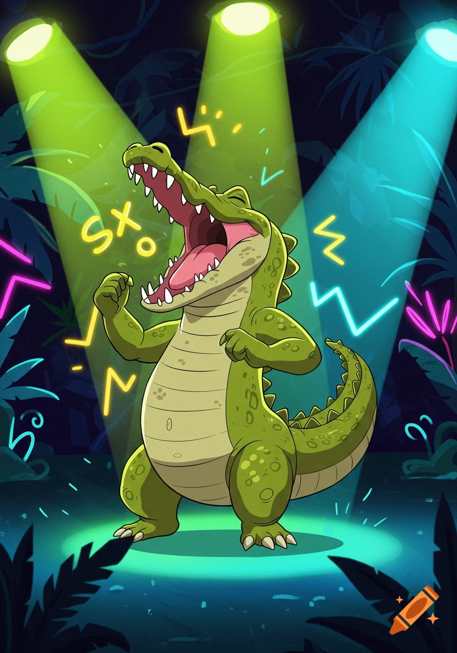 A cartoon crocodile with its mouth wide open, surrounded by glowing yellow and pink neon symbols on a dark stage with green and blue spotlights and jungle plants.