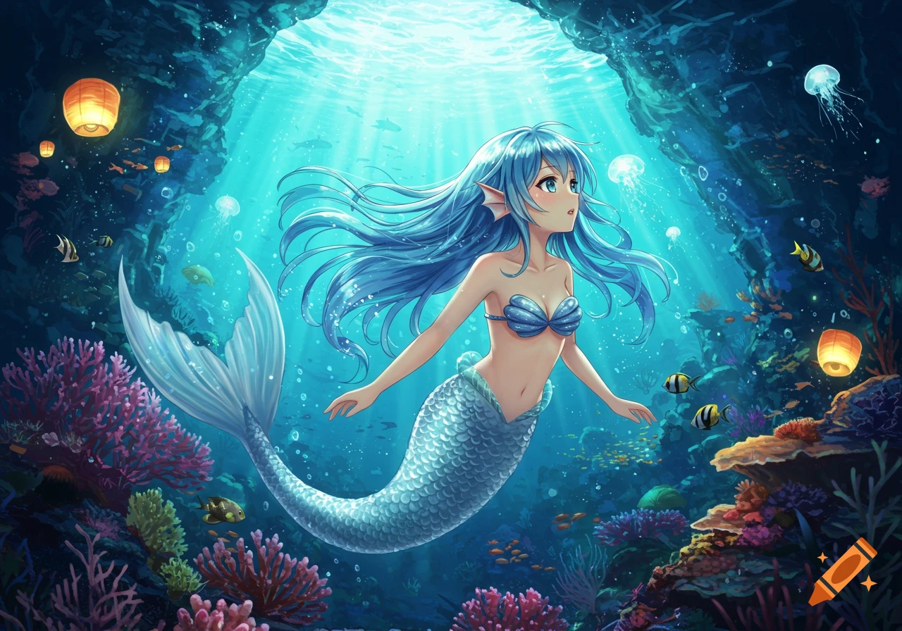 Anime mermaid girl with blue hair swimming in a vibrant underwater cave with coral, fish, jellyfish, and glowing lanterns.
