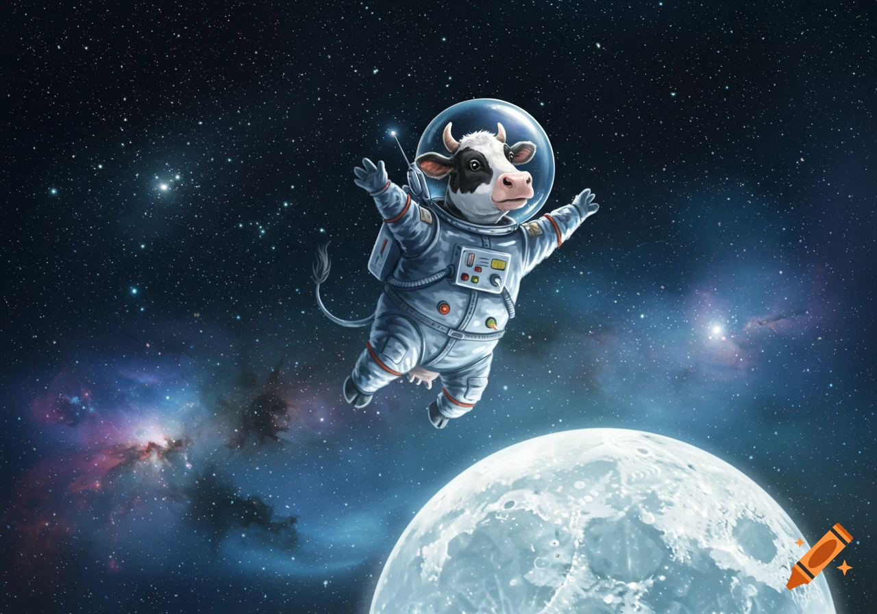 A cartoon cow in a spacesuit floats above the moon in deep space with nebulae and stars.