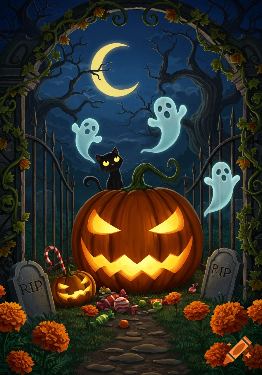 Illustrated spooky Halloween scene with a black cat on a glowing jack-o'-lantern, ghosts, gravestones, candy, and a crescent moon.