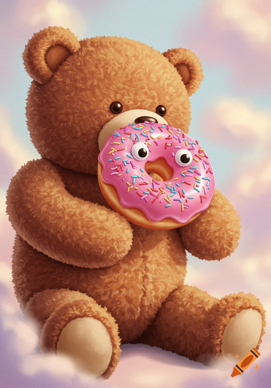 A fluffy brown teddy bear sits in pastel clouds, holding a pink donut with colorful sprinkles and googly eyes.