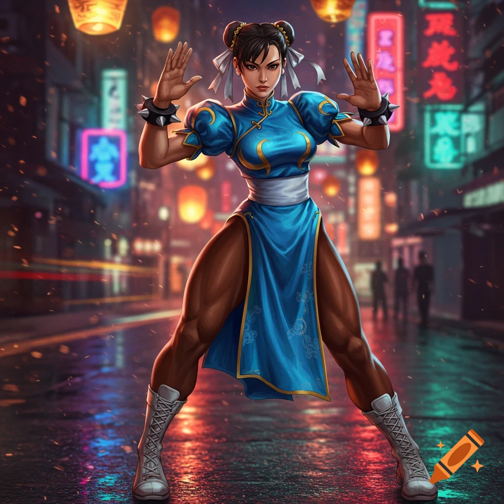 Highly muscular Chun-Li in a blue qipao and white boots stands in an action pose on a rainy street at night, with neon signs.