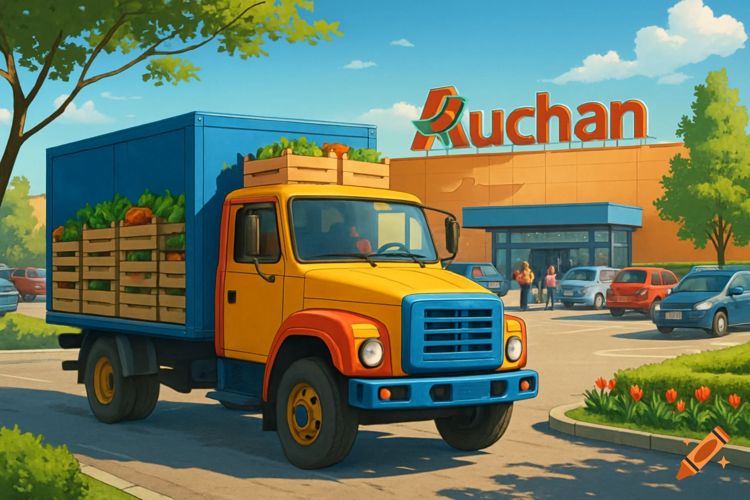 A stylized illustration of a yellow and blue delivery truck loaded with vegetables parked in front of an Auchan supermarket.