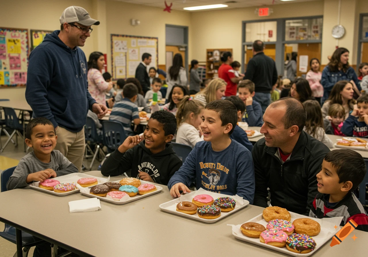 A bustling school cafeteria with diverse children and their fathers enjoying a "Donuts with Dads" event, trays of colorful donuts on tables, and happy faces.