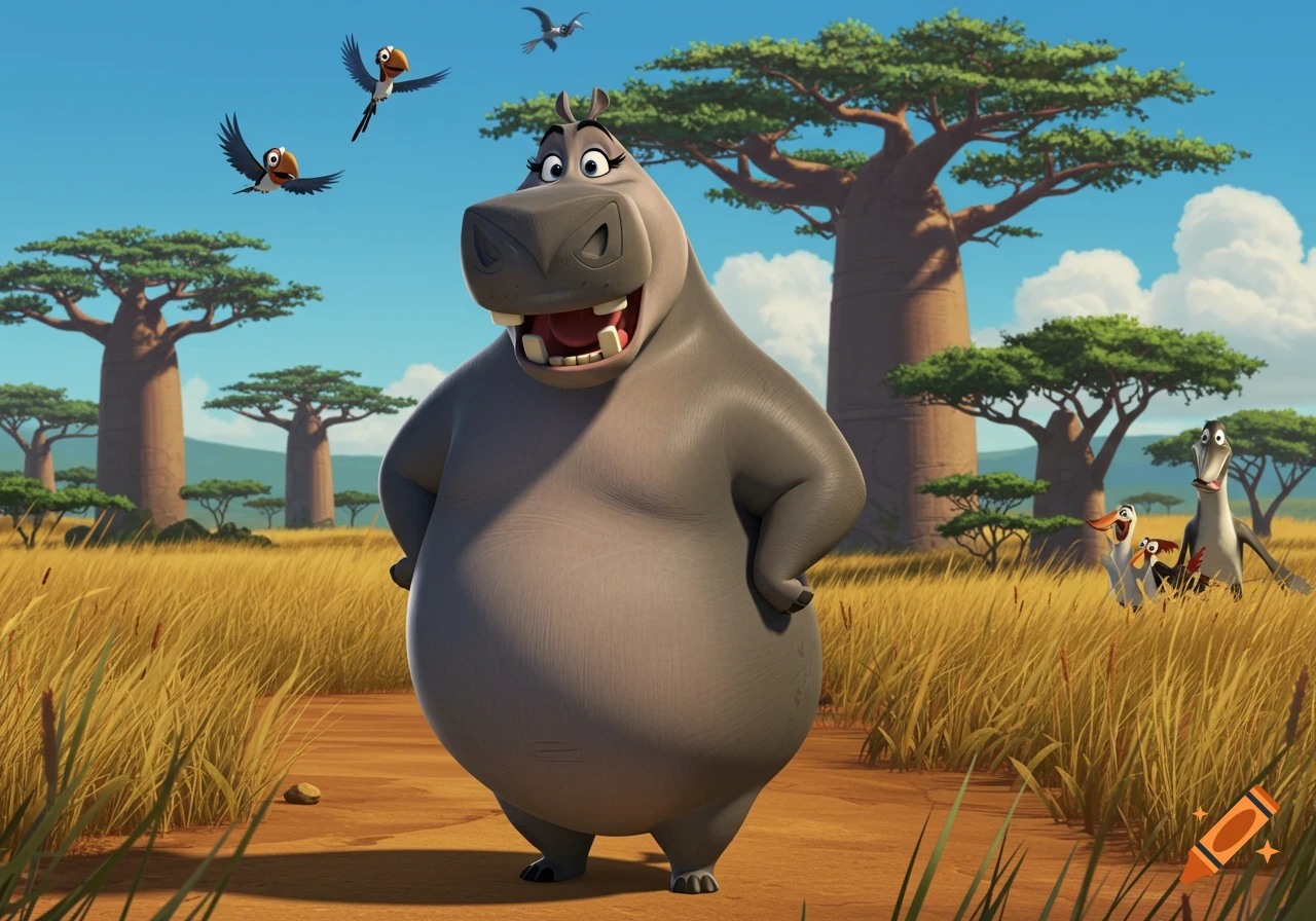 A cheerful cartoon hippo stands in a sunny savanna with baobab trees, surrounded by flying birds and other animals.