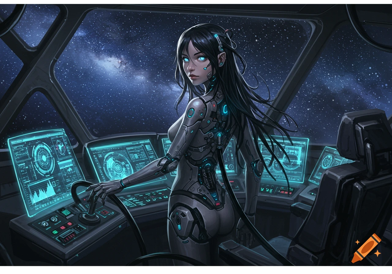 A cyborg girl in a futuristic spaceship cockpit, surrounded by glowing blue screens, looks back at the viewer. Stars are visible outside.
