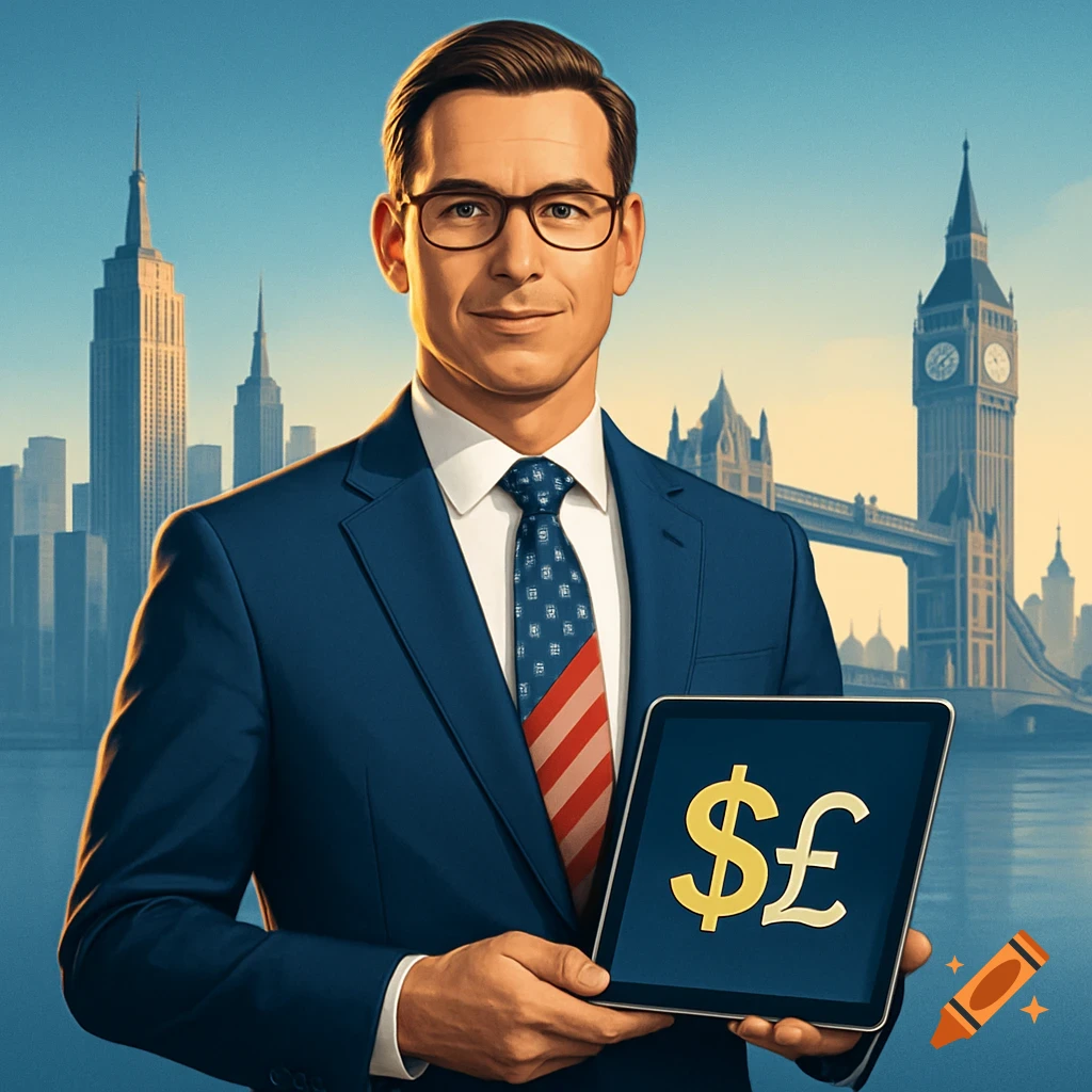 Illustrated man in a suit holding a tablet with dollar and pound symbols, against a backdrop of iconic city skylines.