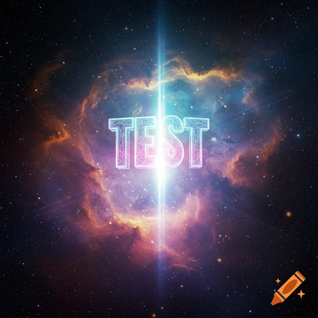 A glowing 'TEST' sign centered in a vibrant space nebula with a bright vertical light beam.