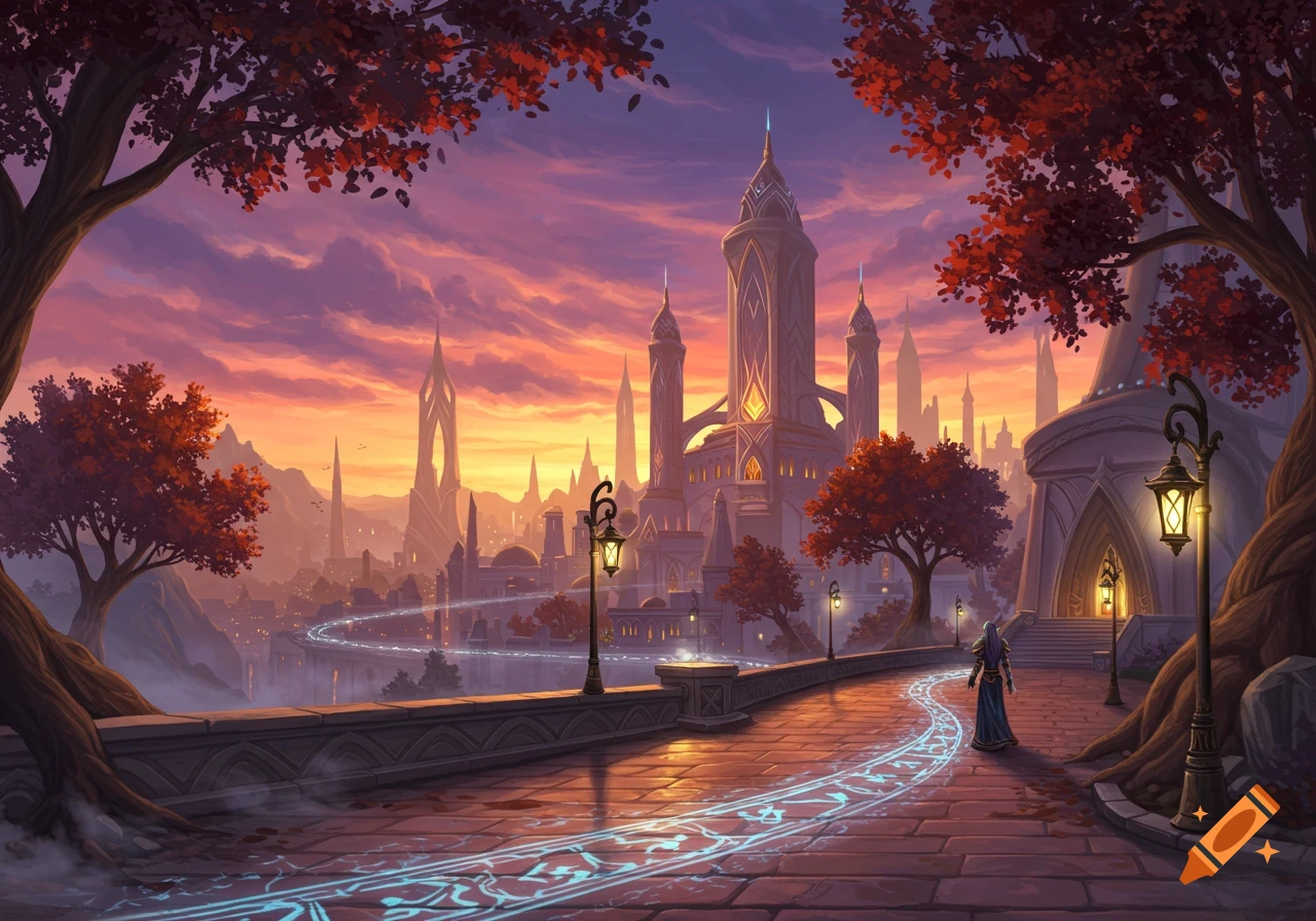 A vibrant fantasy city at sunset with towering elven architecture, a path with glowing runes, and a lone figure walking.