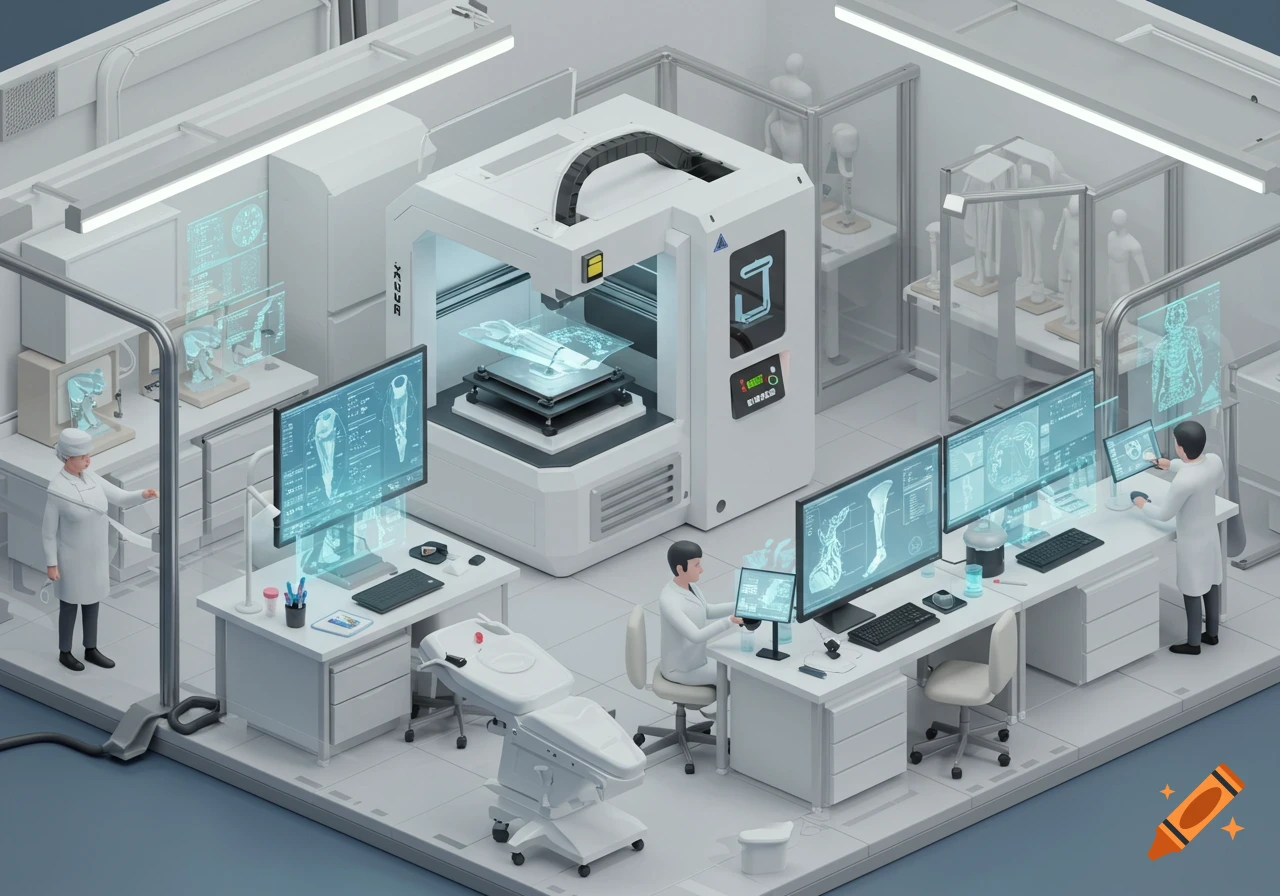 Isometric view of a futuristic medical lab with a large 3D printer, scientists, and glowing holographic screens displaying medical data.