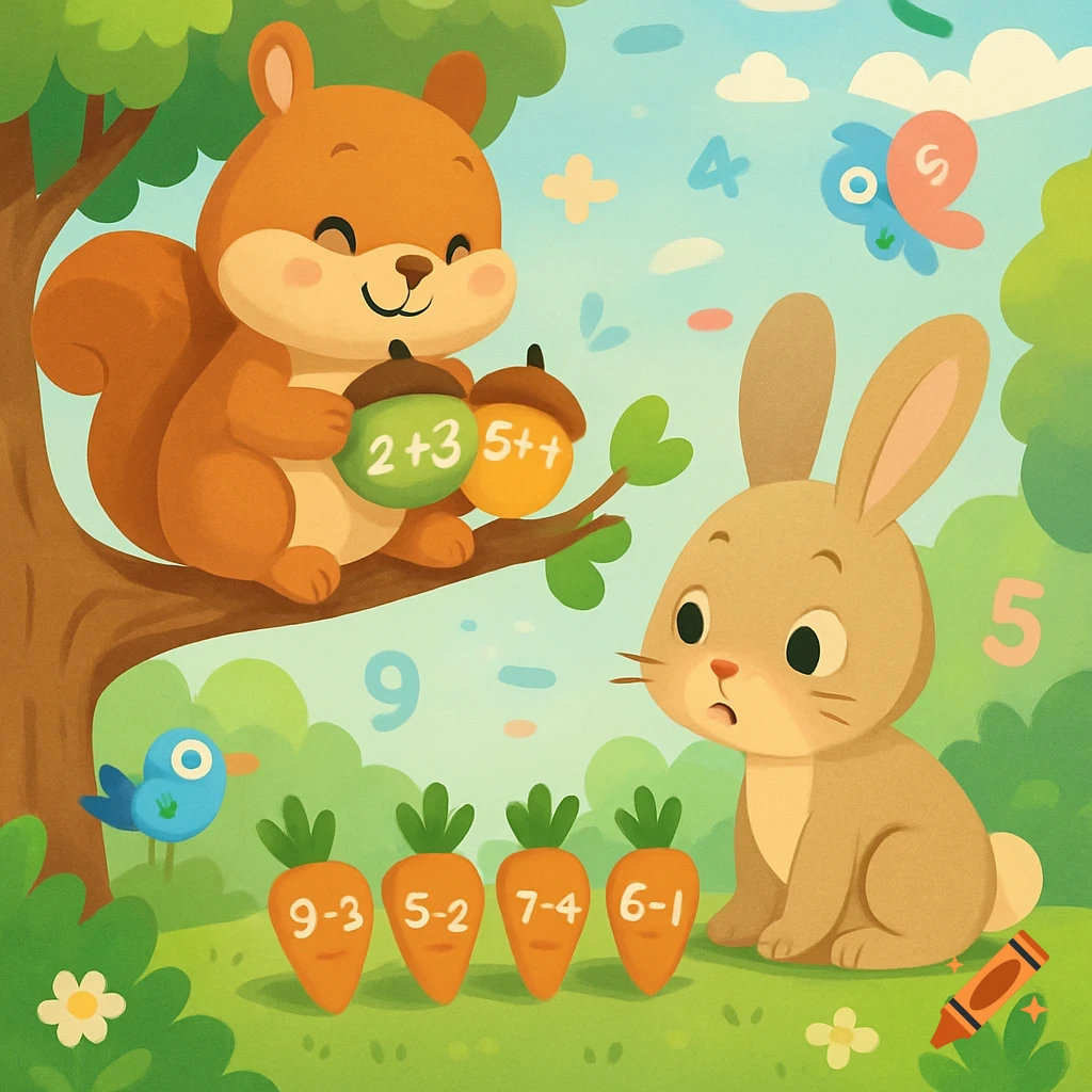 A cute cartoon squirrel on a tree branch holds acorns with math problems, while a bunny looks at carrots with subtraction problems on the grass.