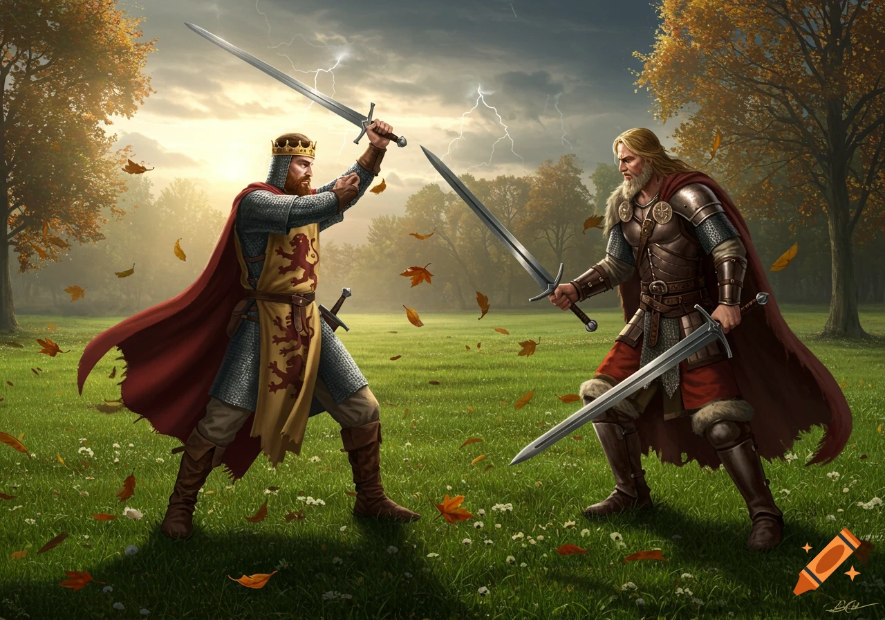 Two medieval warriors, a king and a barbarian, clash with swords in a grassy field under a stormy, autumn sky.