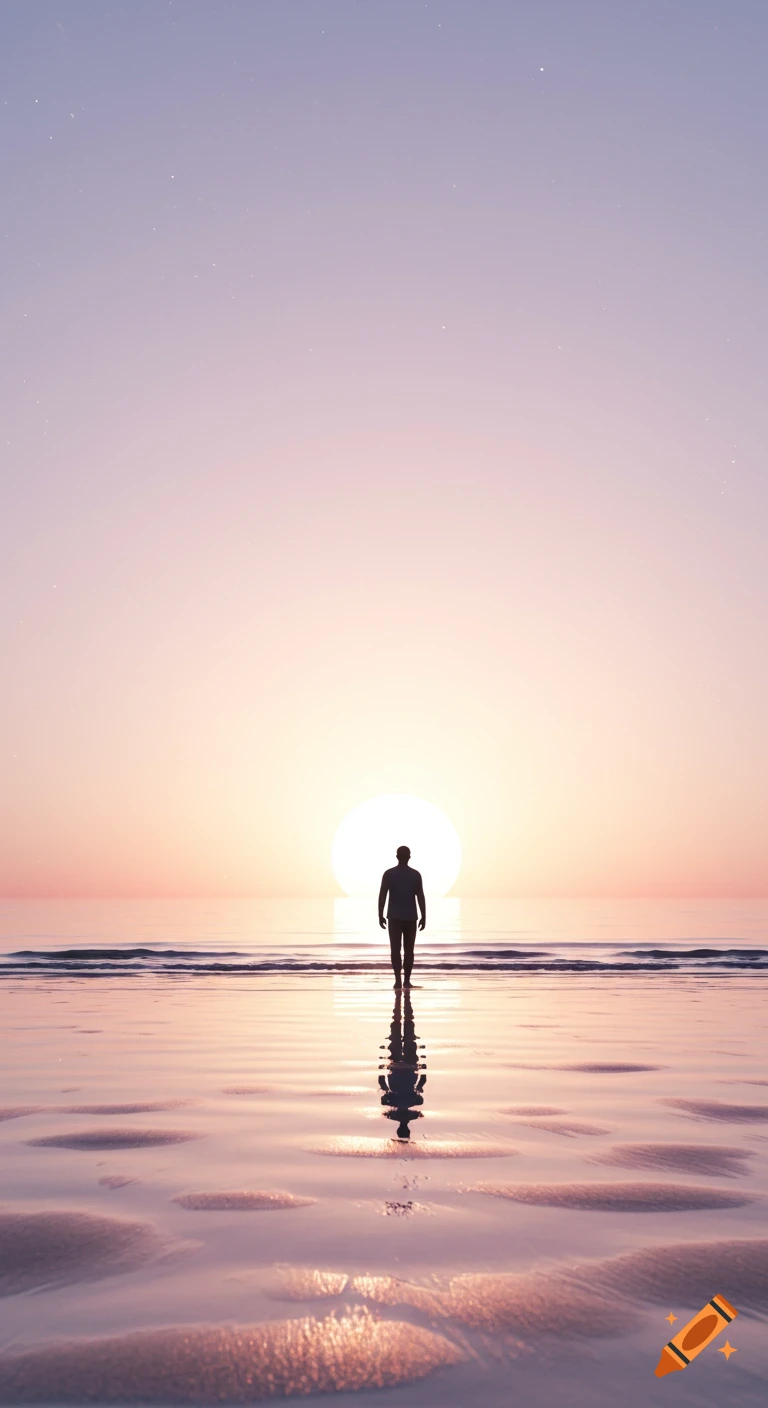 Silhouette of a person walking towards a bright, pastel pink and orange sunrise over a calm ocean beach with reflections on wet sand.