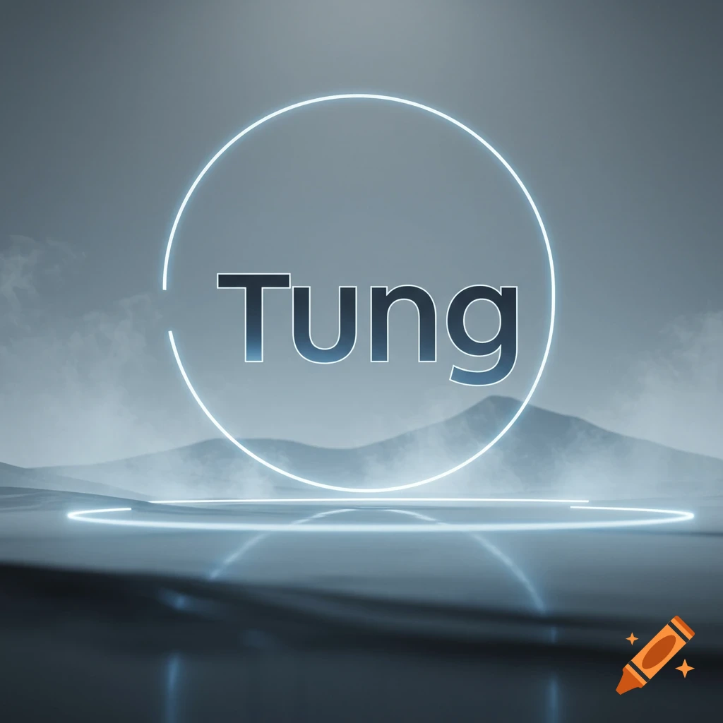 The word Tung glowing inside a neon circle above a reflective surface with misty mountains in the background.
