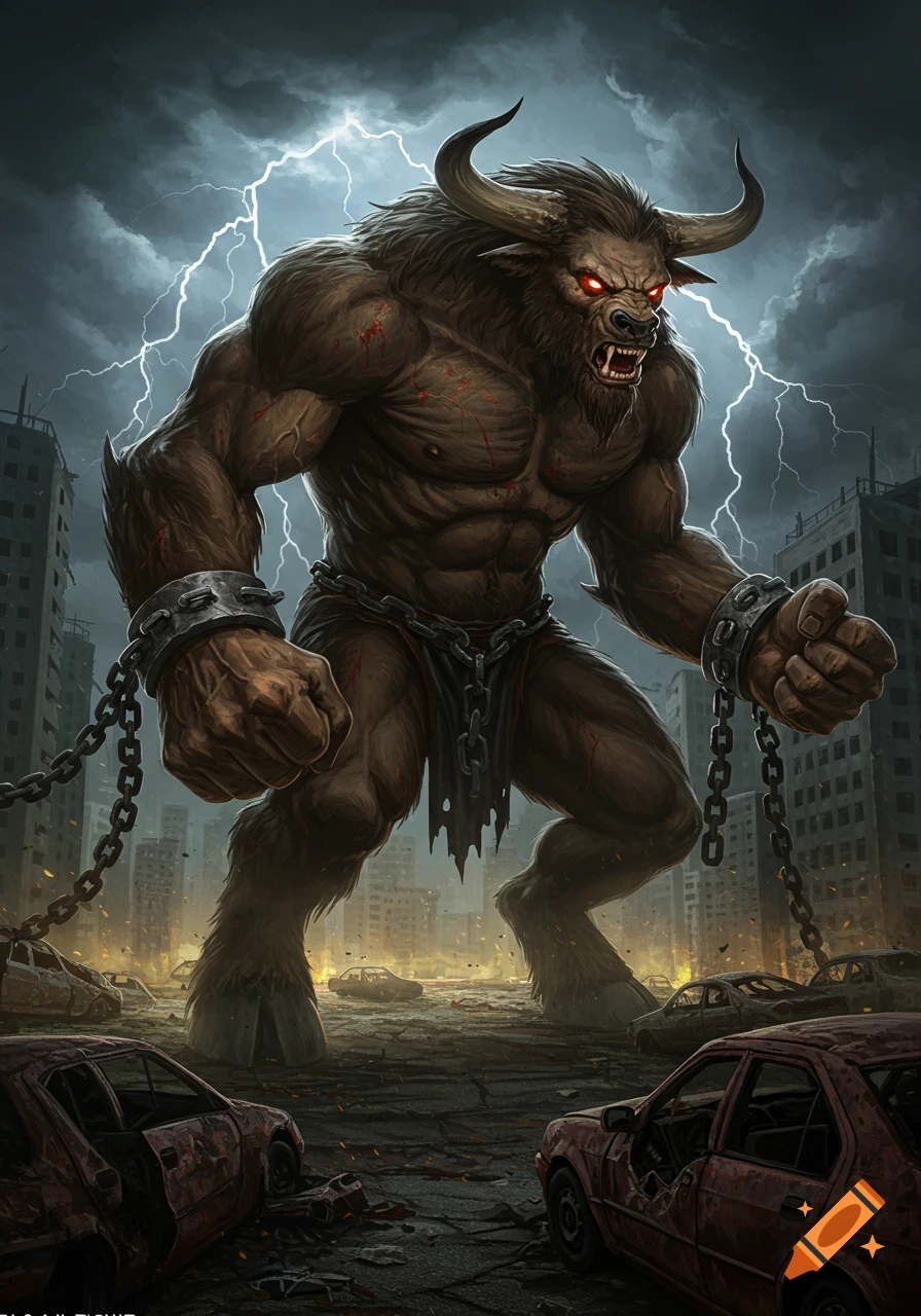 A hulking, chained Minotaur with glowing red eyes stands menacingly in a ruined city under a stormy, lightning-filled sky, digital art.