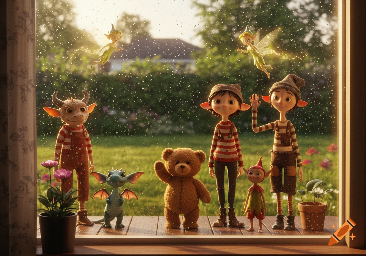 A whimsical animated scene: seven imaginary friends and creatures look through a rainy window, two fairies fly outside.